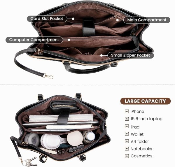 LOVEVOOK Laptop Tote Bag for Women 15.6 Inch Waterproof Leather Computer Bags Business Office Work Briefcase Black - Image 141