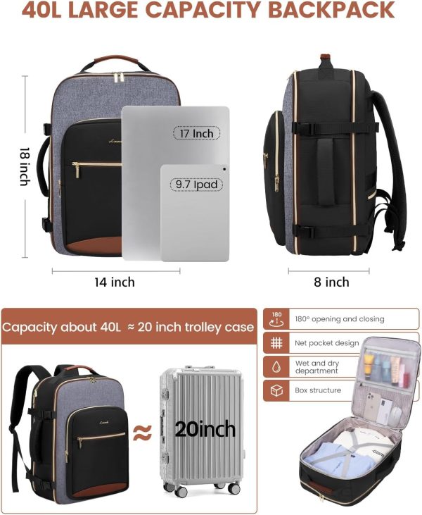 LOVEVOOK 40L Travel Backpack for Women & Men, Large Carry on Backpack for Airplanes with 3 Packing Cubes, TSA Personal Item Travel Bag fits 17" Laptop, Waterproof Weekender Essentials Airline Approved - Image 31