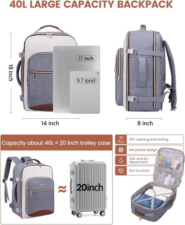 LOVEVOOK 40L Travel Backpack for Women & Men, Large Carry on Backpack for Airplanes with 3 Packing Cubes, TSA Personal Item Travel Bag fits 17" Laptop, Waterproof Weekender Essentials Airline Approved - Image 64