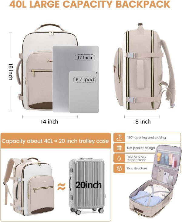 LOVEVOOK 40L Travel Backpack for Women & Men, Large Carry on Backpack for Airplanes with 3 Packing Cubes, TSA Personal Item Travel Bag fits 17" Laptop, Waterproof Weekender Essentials Airline Approved - Image 76