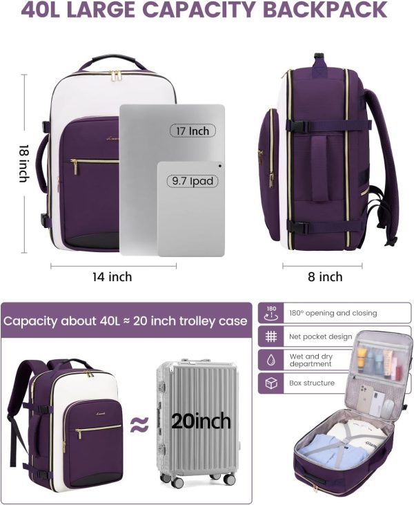 LOVEVOOK 40L Travel Backpack for Women & Men, Large Carry on Backpack for Airplanes with 3 Packing Cubes, TSA Personal Item Travel Bag fits 17" Laptop, Waterproof Weekender Essentials Airline Approved - Image 80