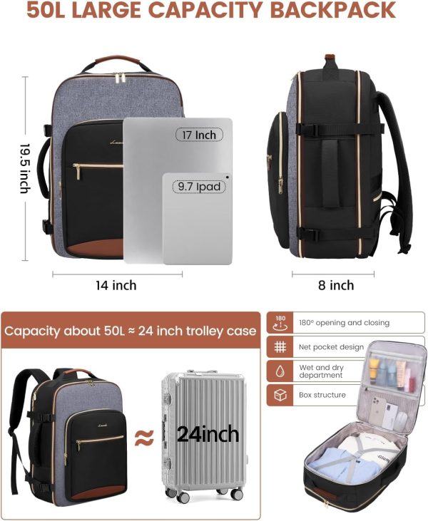 LOVEVOOK 40L Travel Backpack for Women & Men, Large Carry on Backpack for Airplanes with 3 Packing Cubes, TSA Personal Item Travel Bag fits 17" Laptop, Waterproof Weekender Essentials Airline Approved - Image 81
