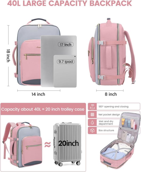LOVEVOOK 40L Travel Backpack for Women & Men, Large Carry on Backpack for Airplanes with 3 Packing Cubes, TSA Personal Item Travel Bag fits 17" Laptop, Waterproof Weekender Essentials Airline Approved - Image 94