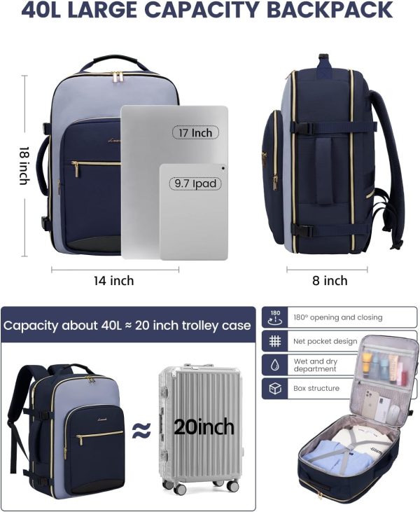 LOVEVOOK 40L Travel Backpack for Women & Men, Large Carry on Backpack for Airplanes with 3 Packing Cubes, TSA Personal Item Travel Bag fits 17" Laptop, Waterproof Weekender Essentials Airline Approved - Image 95